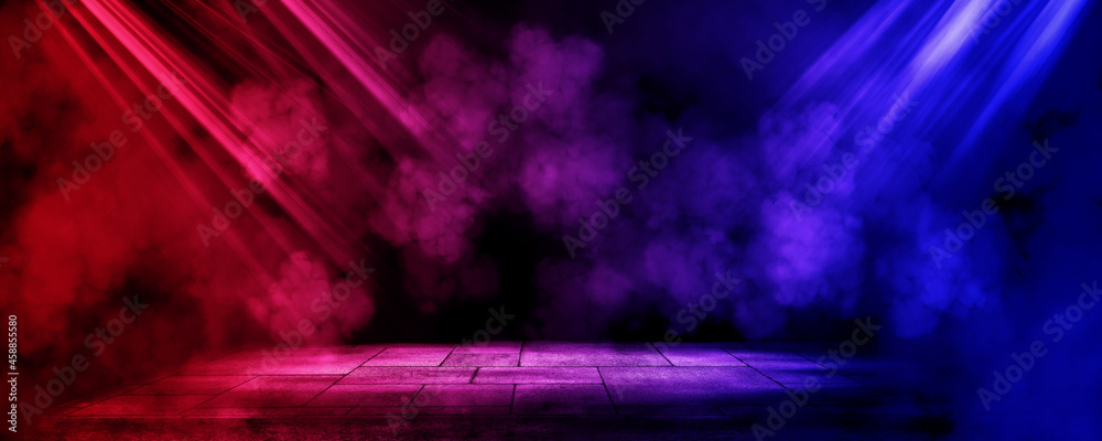 Empty space of Studio dark room with fog or mist and lighting effect red and blue on concrete floor grunge texture background. - obrazy, fototapety, plakaty 