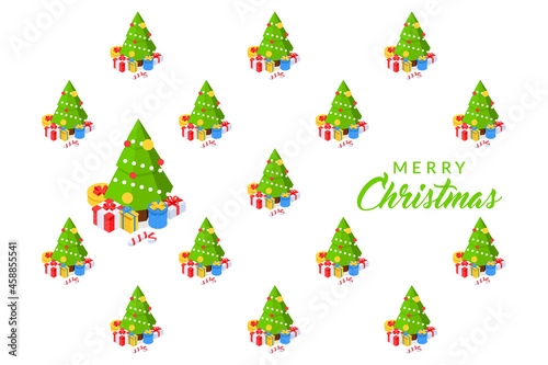 Christmas celebration banner with a pattern of christmas tree and gift boxes. Vector illustration on white background.