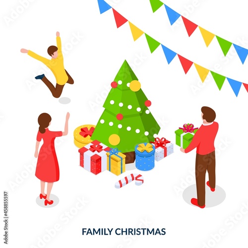 The concept of a family Christmas. A happy family is celebrating around the Christmas tree and giving each other gifts. Isometric illustration on white background
