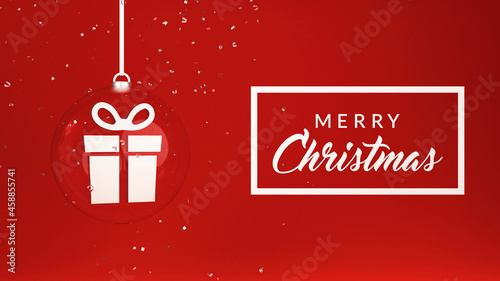 Christmas banner. Xmas celebration background with glass ball and gift icon in it. 3d render illustration.