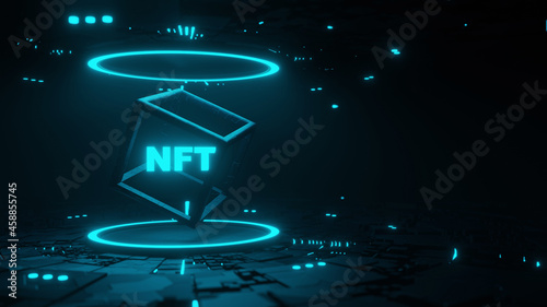 NFT concept. Non fungible token icon on abstract technology background. 3d render illustration photo