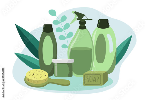 vector illustration. home cleaning products. environmentally friendly cleaning products. household chemicals, soap, brushes. trend illustration in flat style