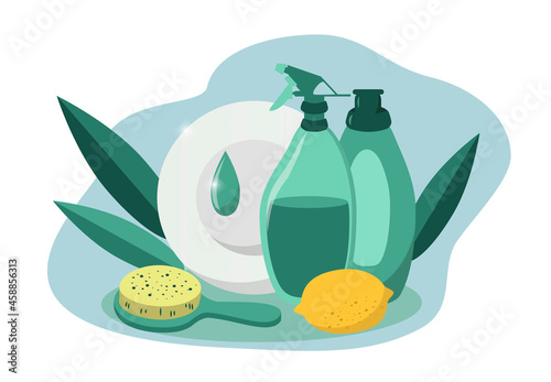 vector illustration. home cleaning products. dishwashing liquid. environmentally friendly cleaning products. household chemicals, soap, brushes. trend illustration in flat style