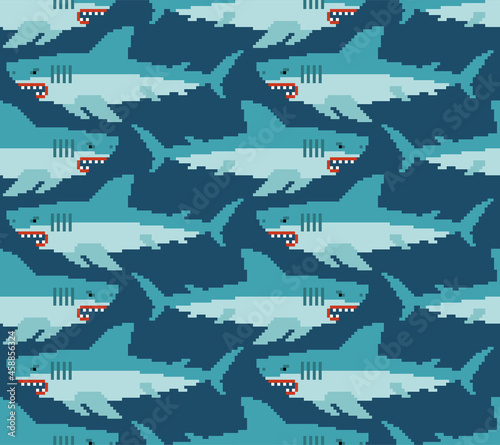 Shark pixel art pattern seamless. Sea predator 8bit background. Large predatory marine fish. vector texture