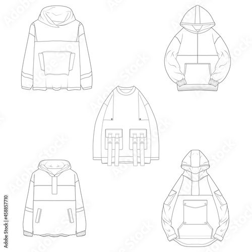 set 5 hoodie oversized outline drawing vector, hoodie oversized in a sketch style, trainers template outline, vector Illustration.
