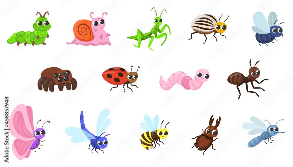 Cute bug cartoon characters vector illustrations set. Funny forest or garden animals, ant, snail, spider, ladybug, dragonfly, bee, butterfly, worm isolated on white background. Insects, nature concept