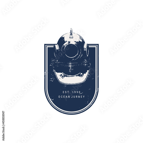 Vector illustration. Scuba diving Club label. Diving helmet and ribbon.