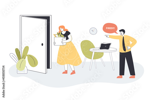 Angry businessman dismissing sad female employee leaving office. Bad man firing unhappy worker flat vector illustration. Unemployment, layoff, job loss concept for banner or landing web page
