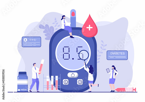 Diabetes Testing with Blood Glucose Meter, Exam Results, Tubes, Syringe to Medical Healthcare and Treatment For Poster Background Vector Illustration