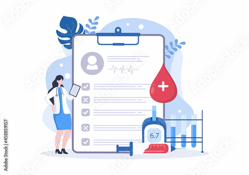 Diabetes Testing with Blood Glucose Meter, Exam Results, Tubes, Syringe to Medical Healthcare and Treatment For Poster Background Vector Illustration