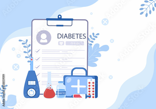 Diabetes Testing with Blood Glucose Meter, Exam Results, Tubes, Syringe to Medical Healthcare and Treatment For Poster Background Vector Illustration