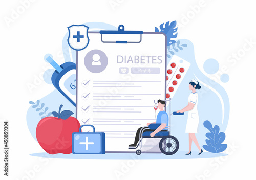 Diabetes Testing with Blood Glucose Meter, Exam Results, Tubes, Syringe to Medical Healthcare and Treatment For Poster Background Vector Illustration