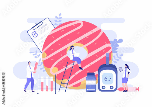 Diabetes Testing with Blood Glucose Meter, Exam Results, Tubes, Syringe to Medical Healthcare and Treatment For Poster Background Vector Illustration