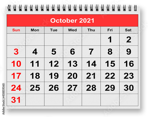 Monthly calendar - month October 2021