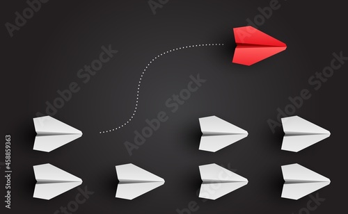 Individuality concept. Individual and unique leader red paper plane flies to the side. Vector