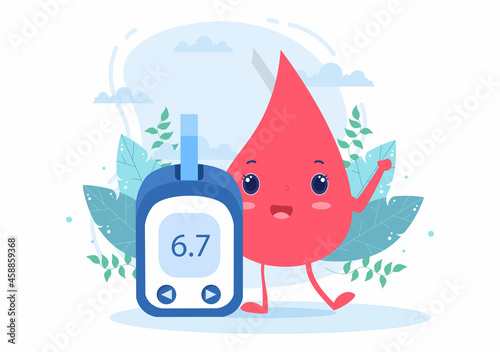 Diabetes Testing with Blood Glucose Meter, Exam Results, Tubes, Syringe to Medical Healthcare and Treatment For Poster Background Vector Illustration
