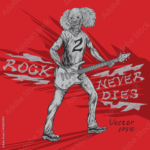 Rock n Roll Skeleton Rocker Playing Guitar Images, Illustration vector cartoon