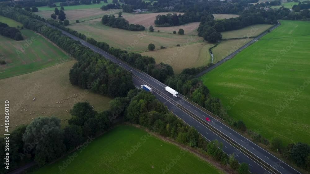 Lorries And Cars Travelling Along A2 Road In England. Aerial Static, Establishing Shot Lorries And Cars Travelling Along A2 Road In England. Aerial Static, Establishing Shot