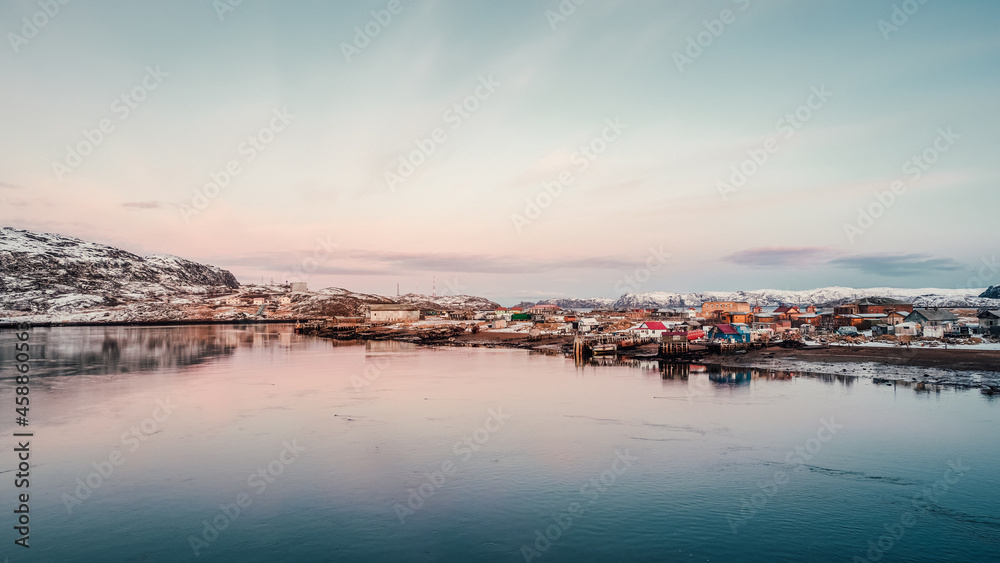 Arctic fishing village. Amazing view of winter Teriberka.