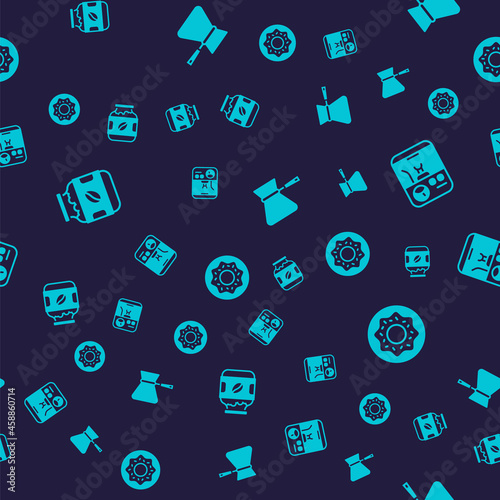 Set Coffee jar bottle, machine, turk and Donut on seamless pattern. Vector