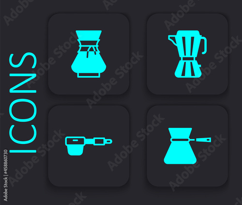 Set Coffee turk, Pour over coffee maker, moca pot and filter holder icon. Black square button. Vector