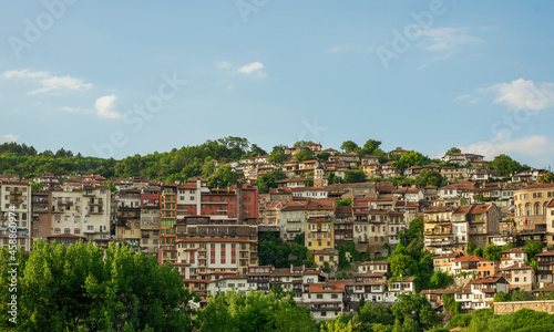 View of Veliko Tarnovo, a city in north central Bulgaria. Houses built on a steep mountain.
