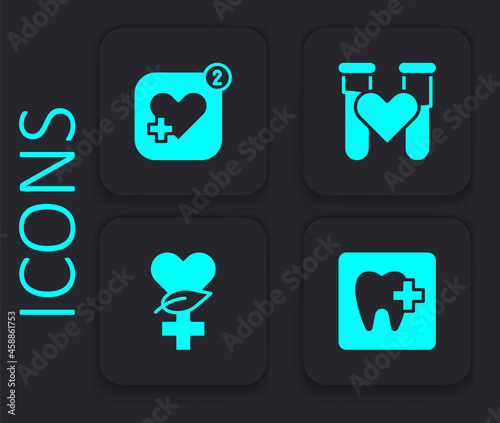 Set Dental clinic location, Mobile with heart rate, Test tube blood and Ethnoscience icon. Black square button. Vector