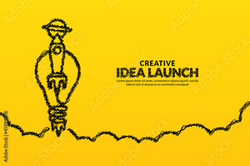 Creative ideas and innovation with light bulb rocket launching to space background, Start up idea concept