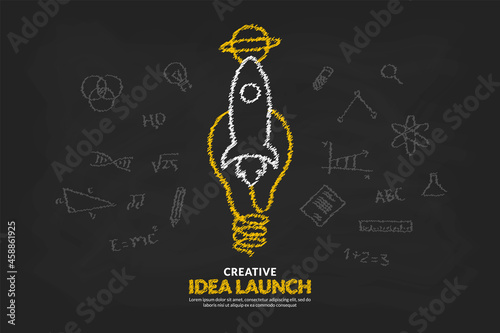Creative ideas with light bulb and rocket launching to space background, Start up idea concept