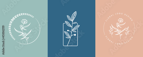 Botanical Hand Drawn collection Logo with Wild Flower and Leaves. Logo for spa and beauty salon, boutique, organic shop, wedding, floral designer, interior, photography, cosmetic. vector illustration