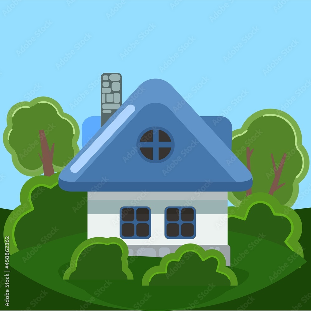 Small country house with white walls and blue roofs. Funny cartoon style. Country suburban village. Traditional simple architecture. Illustration for children. vector. Small country house with white walls and blue roofs. Funny cartoon style. Country suburban village. Traditional simple architecture. Illustration for children. vector.