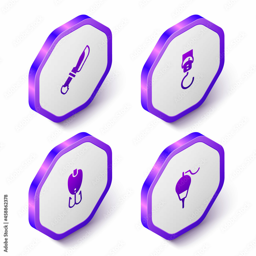 Set Isometric Knife, Spring scale, Fishing lure and float icon. Purple hexagon button. Vector