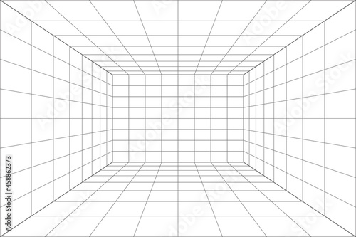 Grid perspective white room with gray wireframe background. Digital cyber box technology model. Vector abstract architectural template