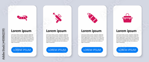 Set Case or box for fishing equipment, Aqualung, Fishing harpoon and Inflatable boat with motor. Business infographic template. Vector