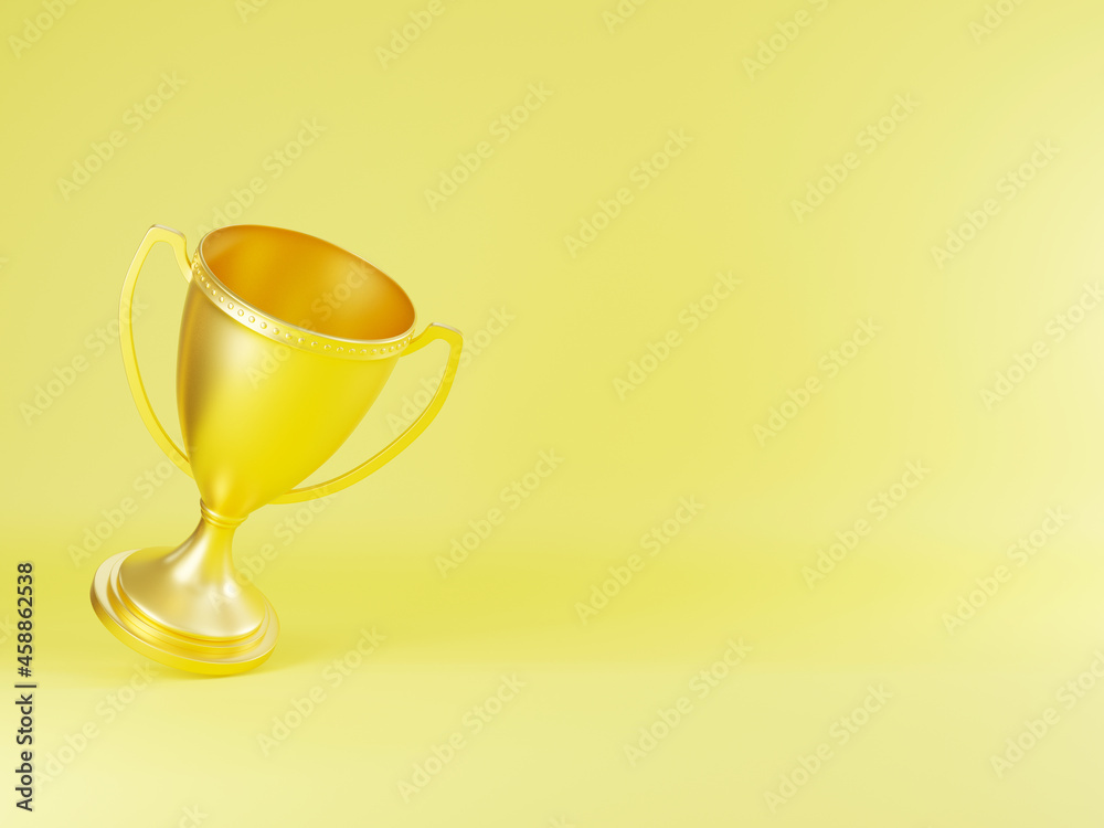Golden trophy cup, Champion trophy, metallic shiny gold winner cup and victory, Sport game tournament award, studio shot on yellow background, 3D rendering illustration