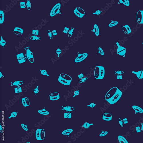 Set Price tag for fish, Fishing float, water and Canned on seamless pattern. Vector