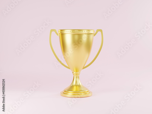 Golden trophy cup, Champion trophy, metallic shiny gold winner cup and victory, Sport game tournament award, studio shot on pink background, 3D rendering illustration