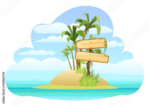 Wooden sign on Island in the ocean. Cartoon style. Blue calm sea. Flat design illustration. Empty board with place for text. Isolated on white background. Lights of sun. Palm trees. Two items. Vector.