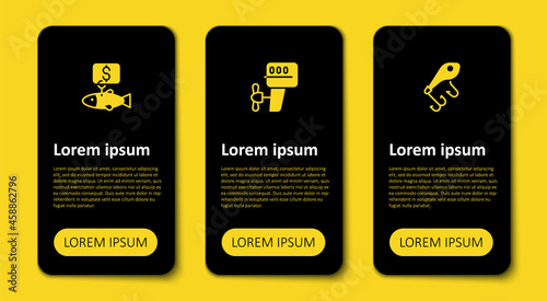 Set Fishing lure, Outboard boat motor and Price tag for fish. Business infographic template. Vector