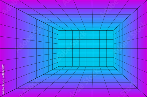 3d Grid perspective laser room in technology style. Virtual reality tunnel or wormhole. Abstract vaporwave background