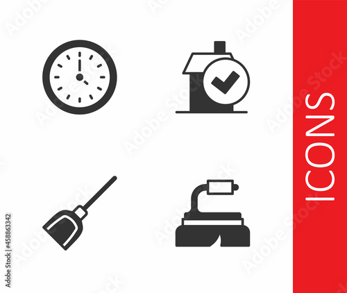 Set Brush for cleaning, Clock, Dustpan and Home service icon. Vector