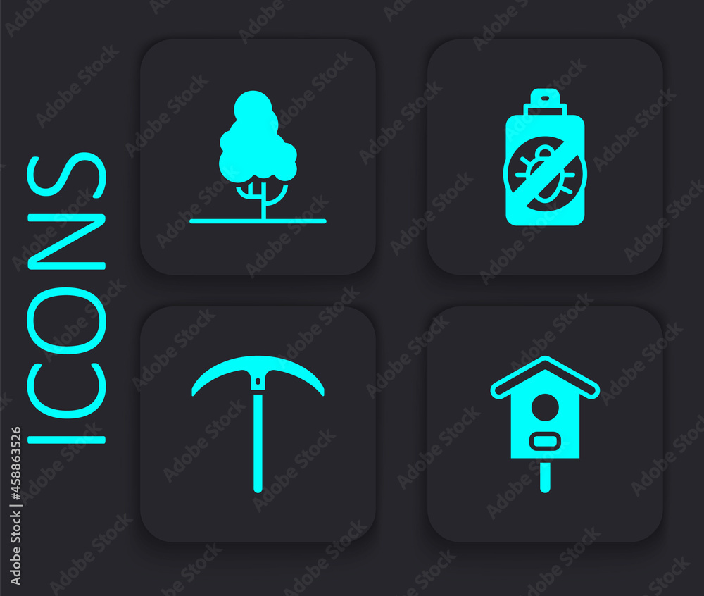 Set Bird house, Fruit tree, Spray against insects and Pickaxe icon. Black square button. Vector Set Bird house, Fruit tree, Spray against insects and Pickaxe icon. Black square button. Vector