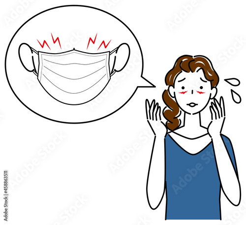 スキンケア マスクの着用が原因で顔に切り傷が出来てしまい困り顔の女性 イラスト シンプル ベクター
