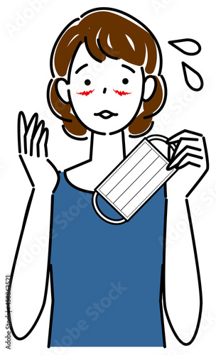 スキンケア マスクの着用が原因で顔に切り傷が出来てしまい困り顔の女性 イラスト シンプル ベクター