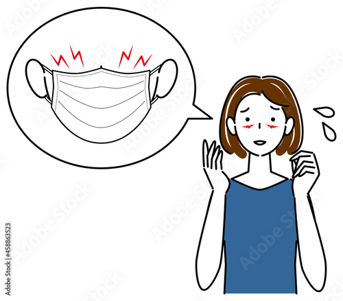 スキンケア マスクの着用が原因で顔に切り傷が出来てしまい困り顔の女性 イラスト シンプル ベクター