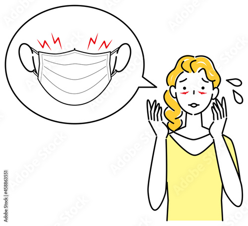 スキンケア マスクの着用が原因で顔に切り傷が出来てしまい困り顔の女性 イラスト シンプル ベクター