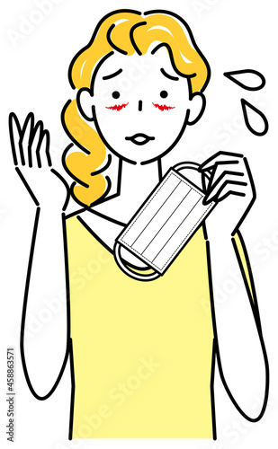 スキンケア マスクの着用が原因で顔に切り傷が出来てしまい困り顔の女性 イラスト シンプル ベクター