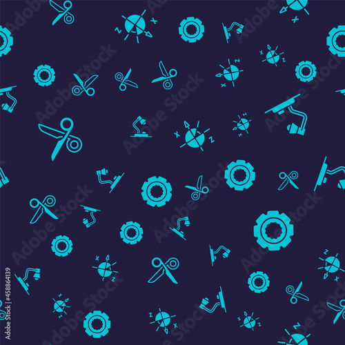 Set Scissors, Table lamp, Trigonometric circle and Gear on seamless pattern. Vector