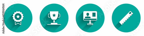 Set Medal with star, Award cup, Online class and Ruler icon with long shadow. Vector