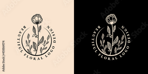 Botanical Hand Drawn collection Logo with Wild Flower and Leaves. Logo for spa and beauty salon, boutique, organic shop, wedding, floral designer, interior, photography, cosmetic. vector illustration